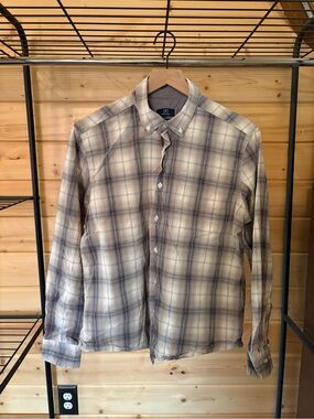 Men's Button-Down Plaid Shirt in Beige and Gray